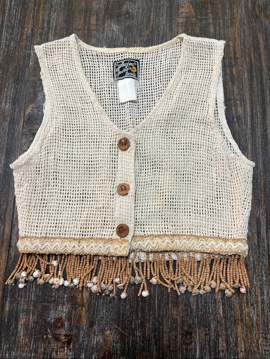 Jou Jou Tops - Vintage Jou Jou Cream Open-Knit Crochet Vest with Beaded Accent. Boho